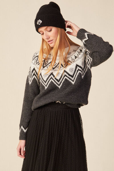 Pull manches longues col rond gris foncé femme