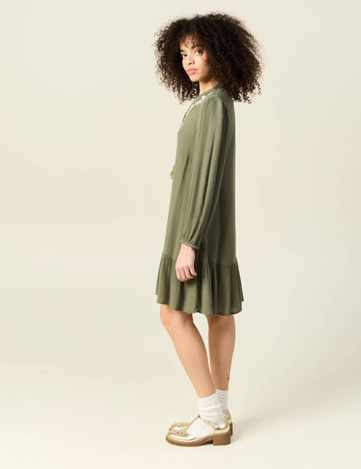 Robe évasée broderie vert kaki femme