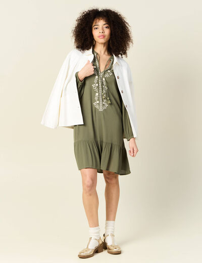 Robe évasée broderie vert kaki femme
