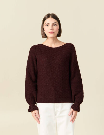 Pull ajour&eacute; col bateau manches longues prune femme