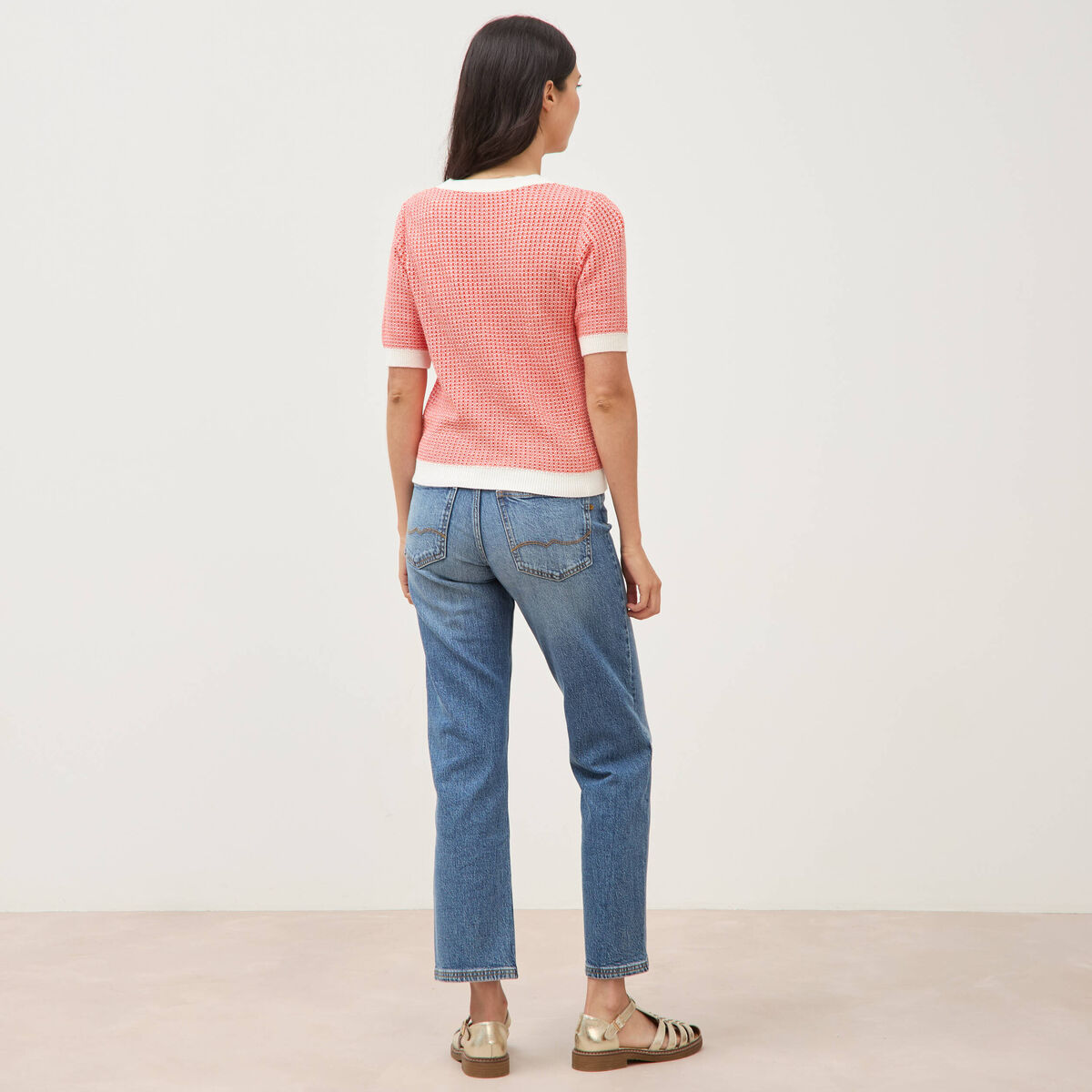Pull droit court manches courtes orange fonc&eacute; femme