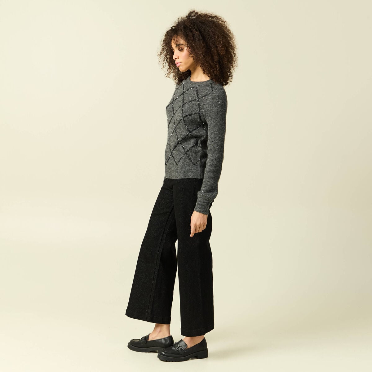 Pull manches longues &agrave; sequins gris fonc&eacute; femme