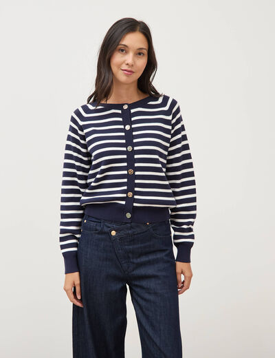 Gilet manches longues col rond en coton bleu marine femme
