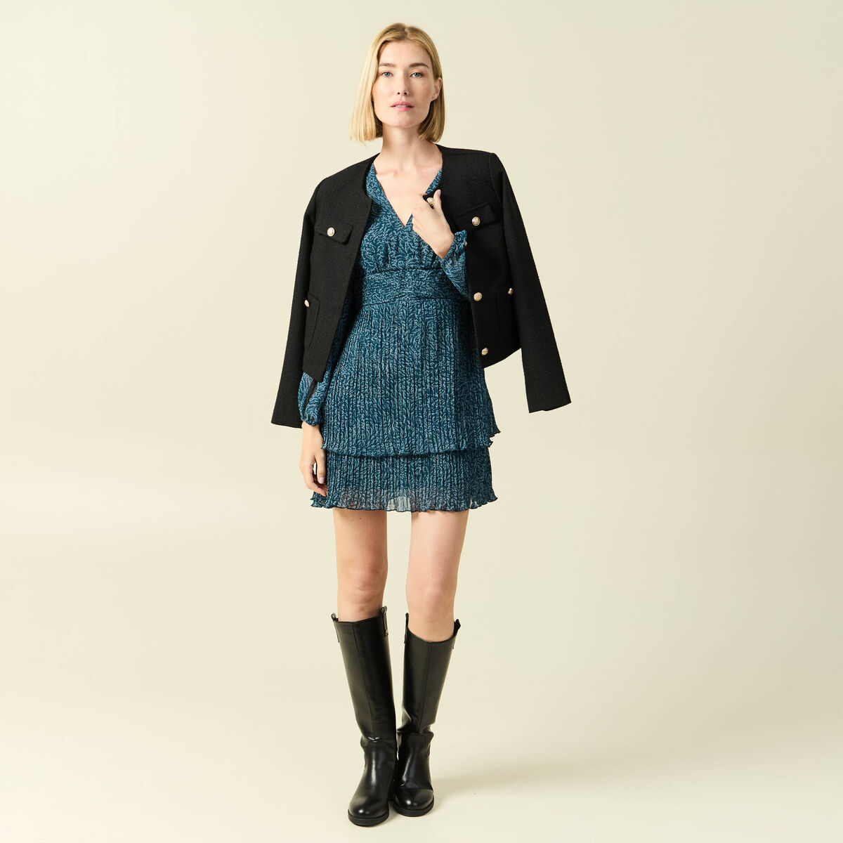 Robe &eacute;vas&eacute;e bas pliss&eacute; bleu canard femme