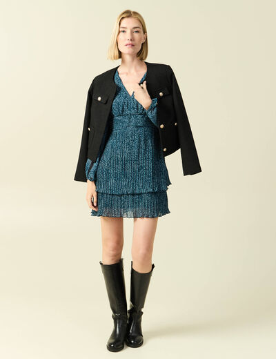 Robe &eacute;vas&eacute;e bas pliss&eacute; bleu canard femme