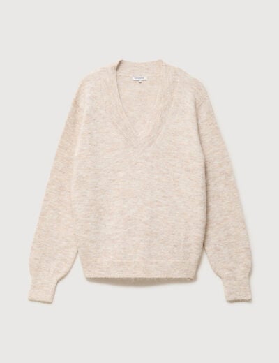 Pull col v manches longues creme femme