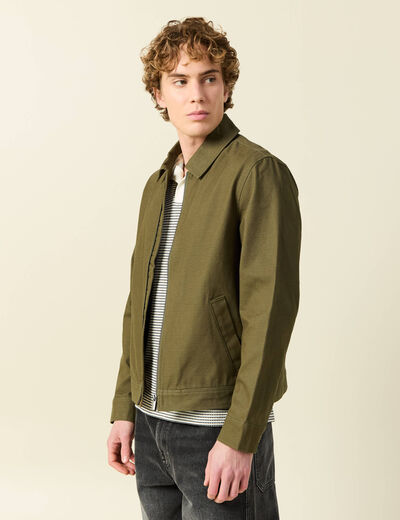 Blouson droit court en coton vert kaki homme