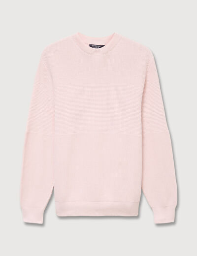 Pull col rond manches longues en coton rose poudr&eacute;e homme