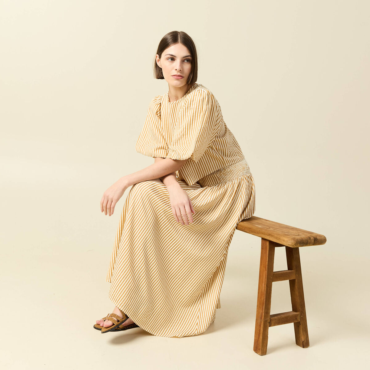 Jupe longue &eacute;vas&eacute;e taille haute beige moyen femme