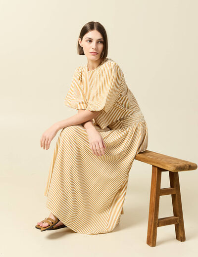 Jupe longue &eacute;vas&eacute;e taille haute beige moyen femme