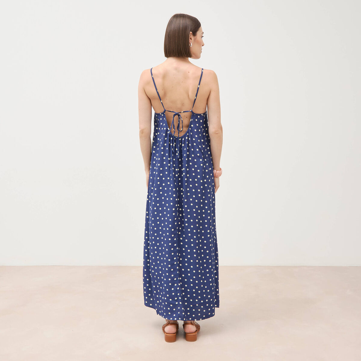 Robe longue fines bretelles col rond bleu marine femme