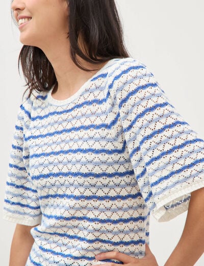 Pull col bateau manches courtes bleu femme