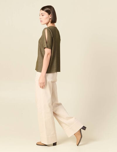 T-shirt manches courtes brillant vert kaki femme