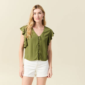 Blouse manches courtes nouée vert kaki femme