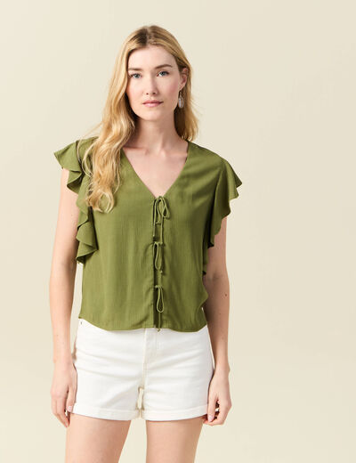 Blouse manches courtes nouée vert kaki femme