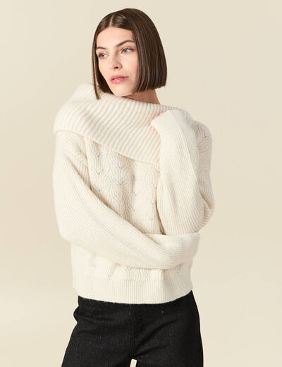 Pull ajour&eacute; manches longues bardot ecru femme