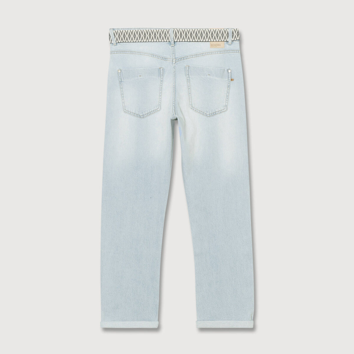 Jeans boyfriend ceintur&eacute; denim bleach femme
