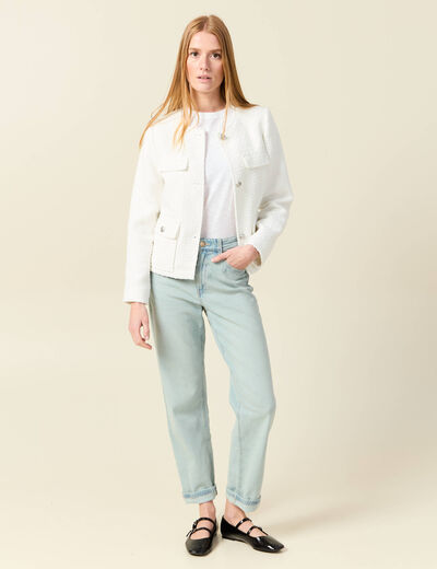 Veste tweed manches longues doublée ecru femme