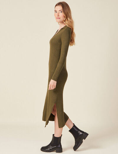 Robe pull longue moulante vert kaki femme