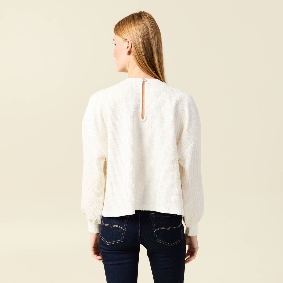 Sweat col rond manches longues ecru femme