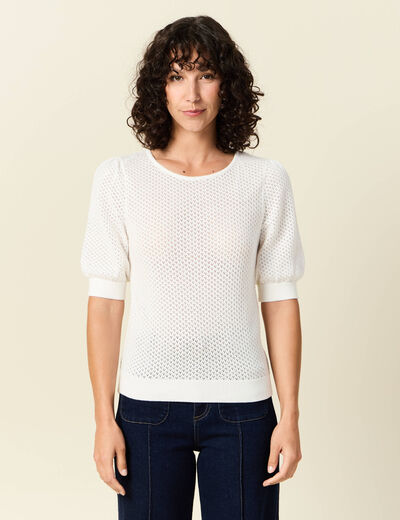 Pull manches courtes ajouré creme femme