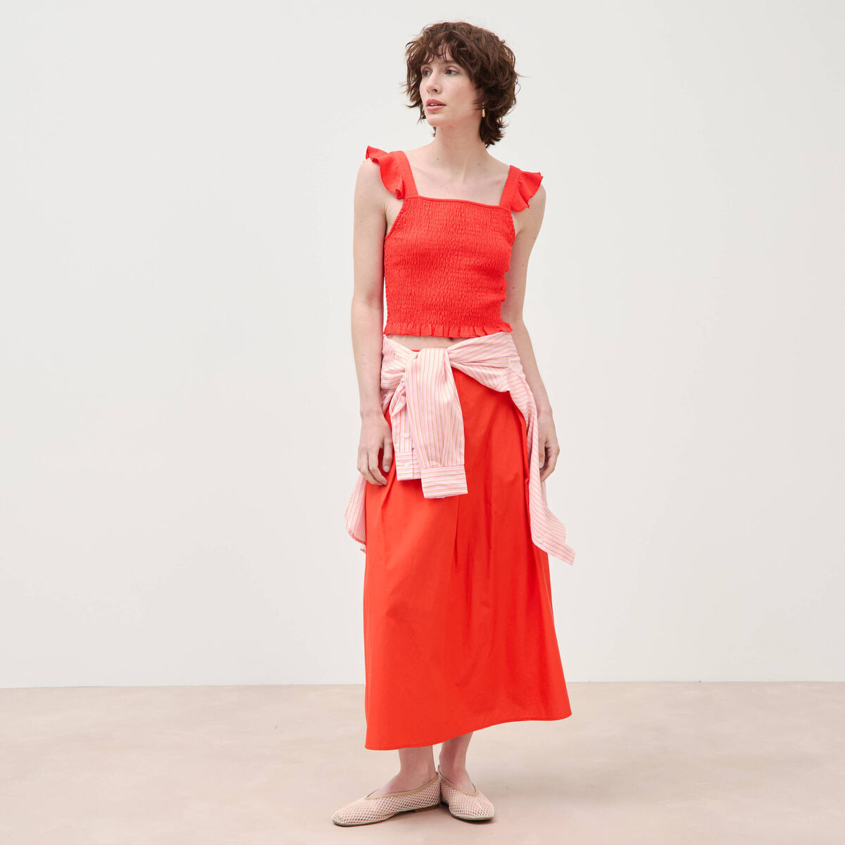 Jupe longue &eacute;vas&eacute;e en coton ray&eacute; orange fonc&eacute; femme