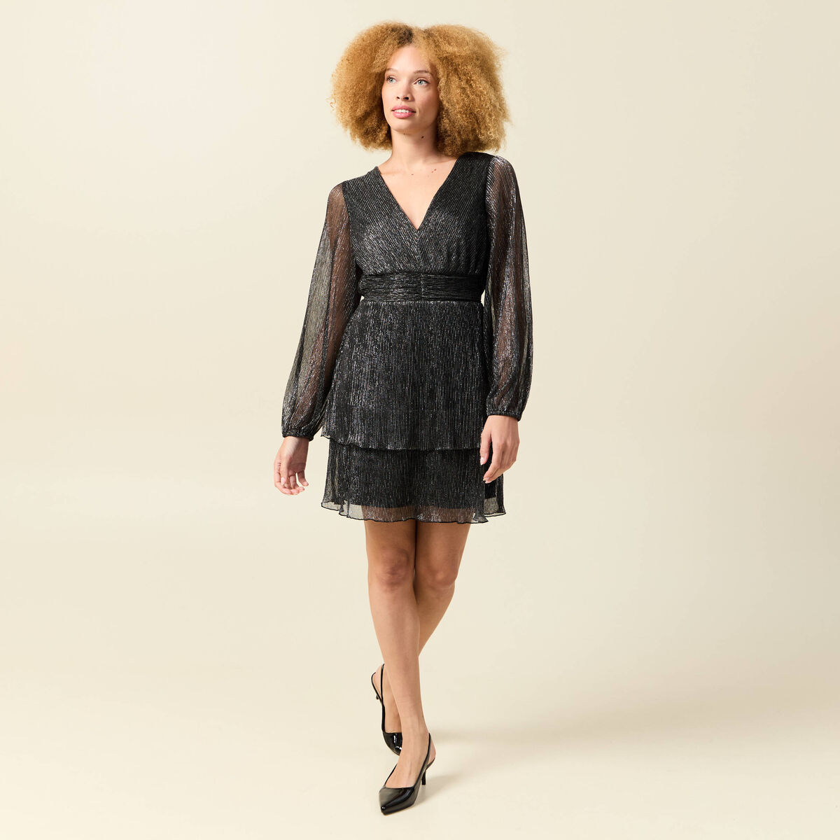 Robe manches longues doubl&eacute;e gris argent femme