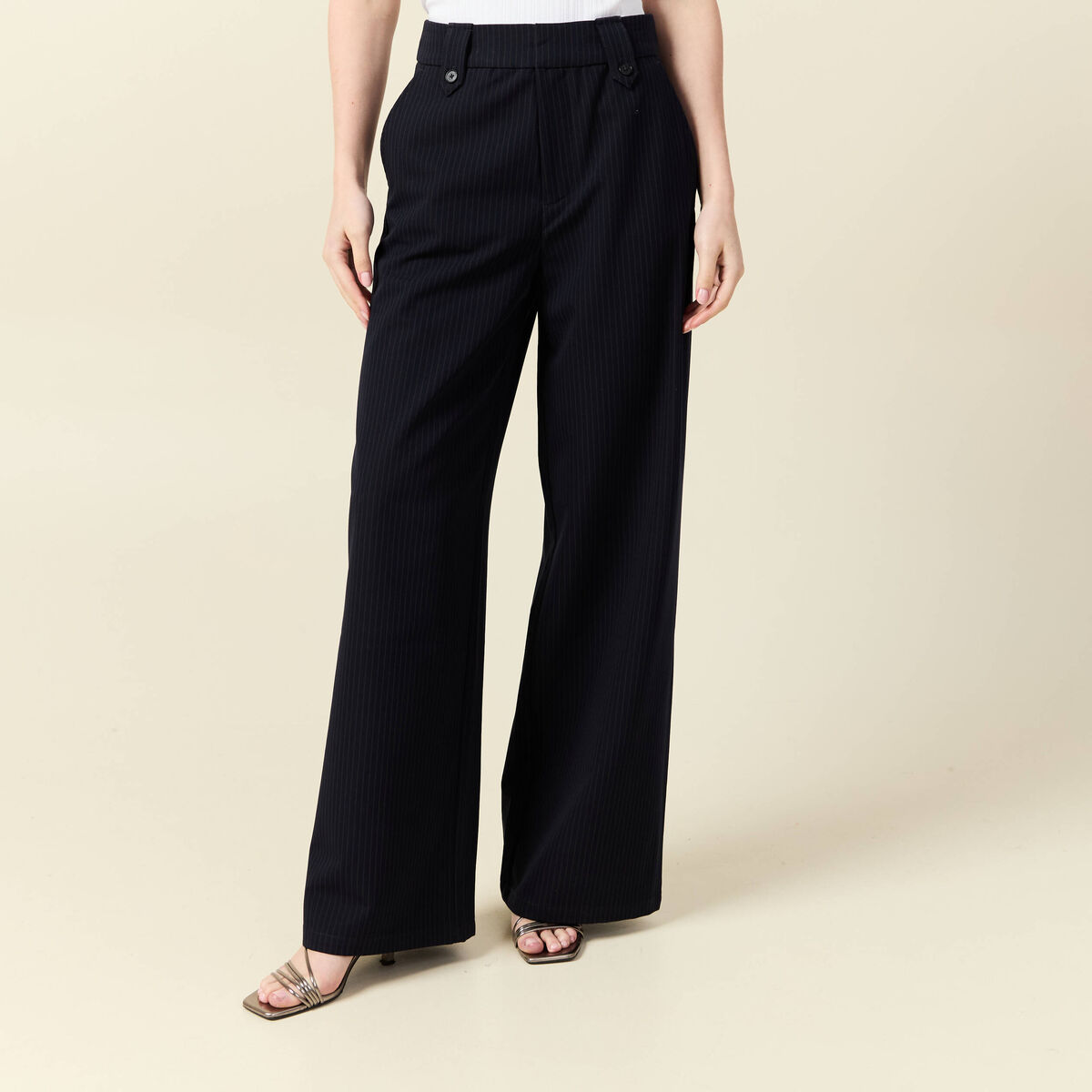 Pantalon large taille haute fluide bleu marine femme
