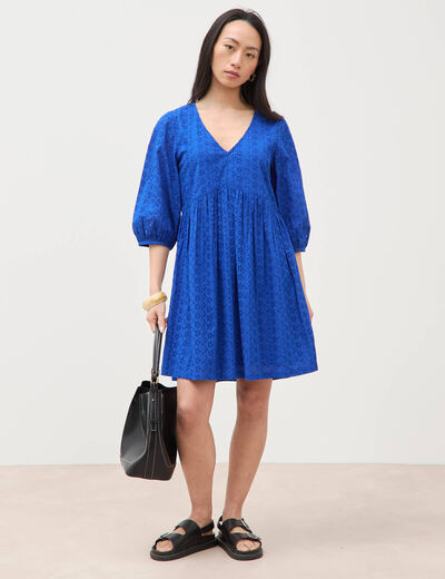 Robe droite courte col v manches 3/4 bleu electrique femme