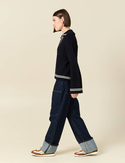 Pull col polo manches longues bleu marine femme