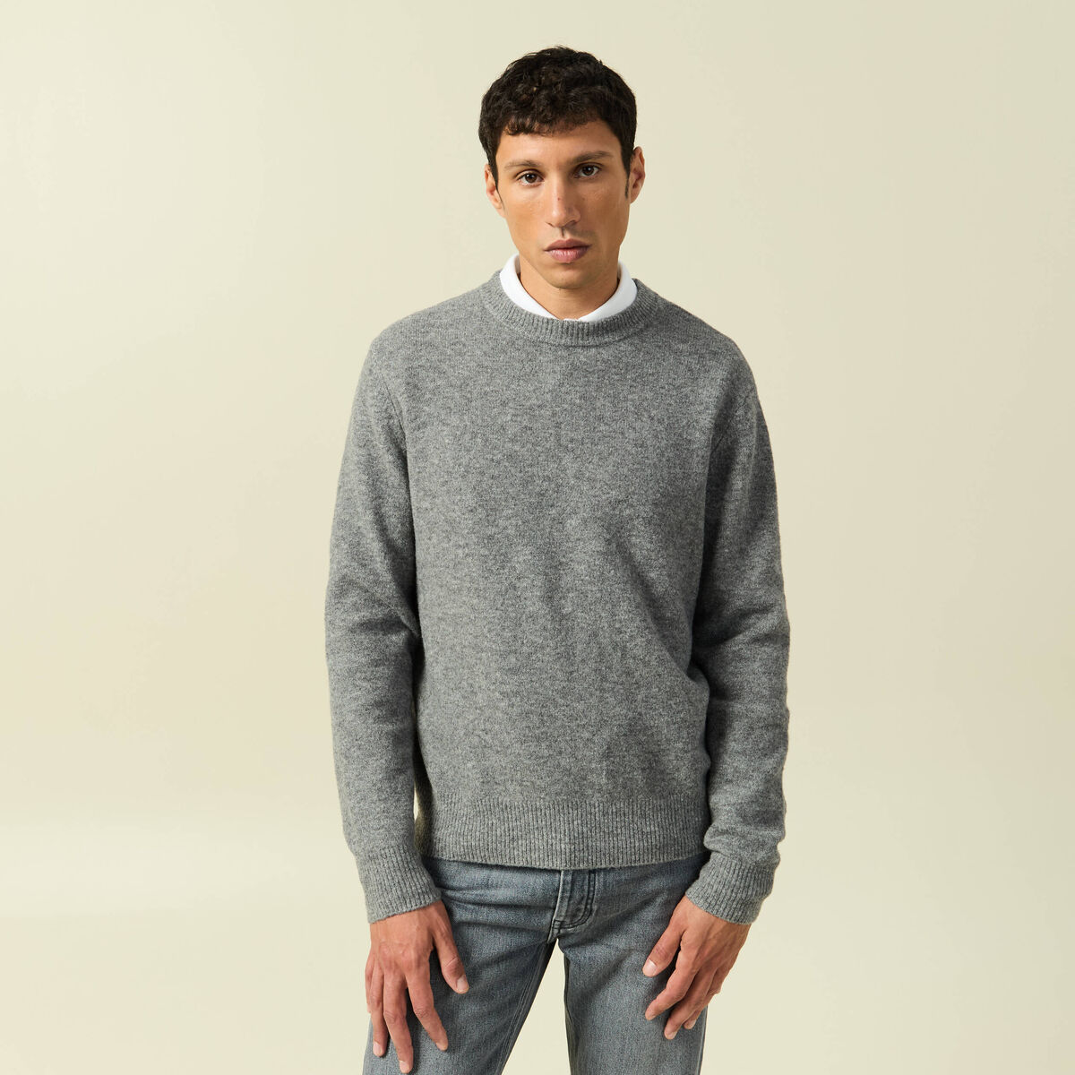 Pull manches longues col rond gris homme