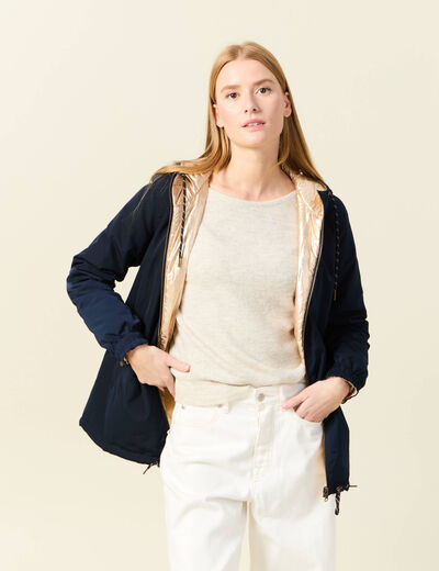 Parka réversible à capuche bleu marine femme