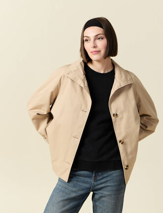 Trench droit court col montant beige femme