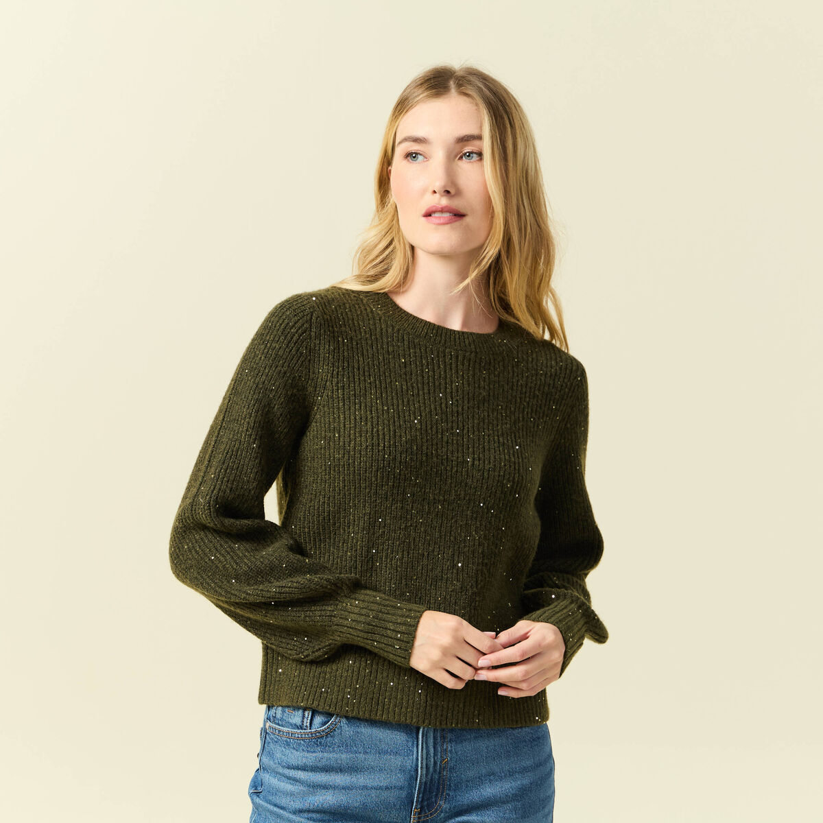 Pull manches longues col rond &agrave; sequins vert kaki femme