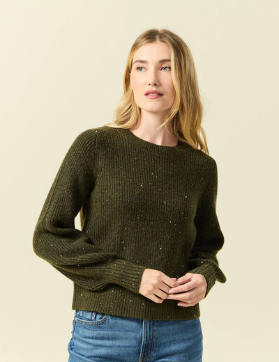 Pull manches longues col rond &agrave; sequins vert kaki femme