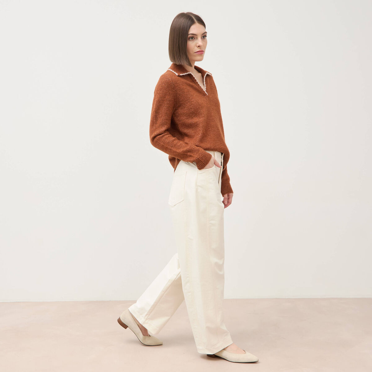 Pantalon coupe regular ecru femme
