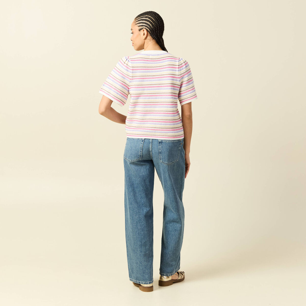 Pull droit court col rond manches coude violet clair femme