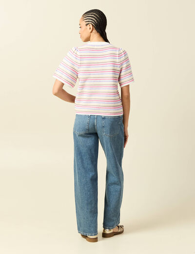 Pull droit court col rond manches coude violet clair femme