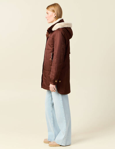 Parka droite &agrave; capuche marron fonc&eacute; femme