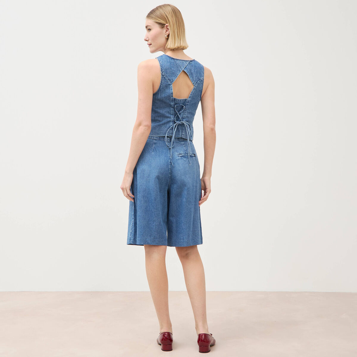 Bermuda jeans large taille haute denim used femme