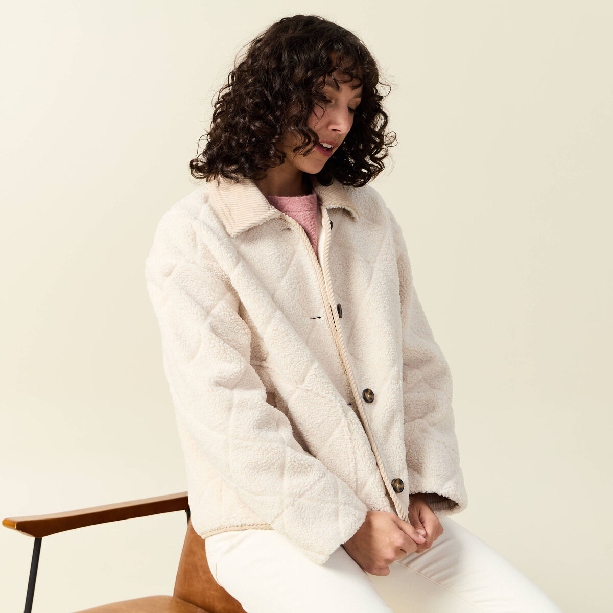 Blouson bouclette creme femme