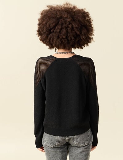 Pull ajour&eacute; col V manches longues noir femme