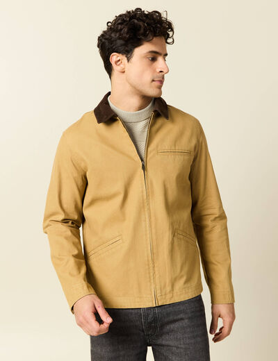 Veste zipp&eacute;e col velours camel homme