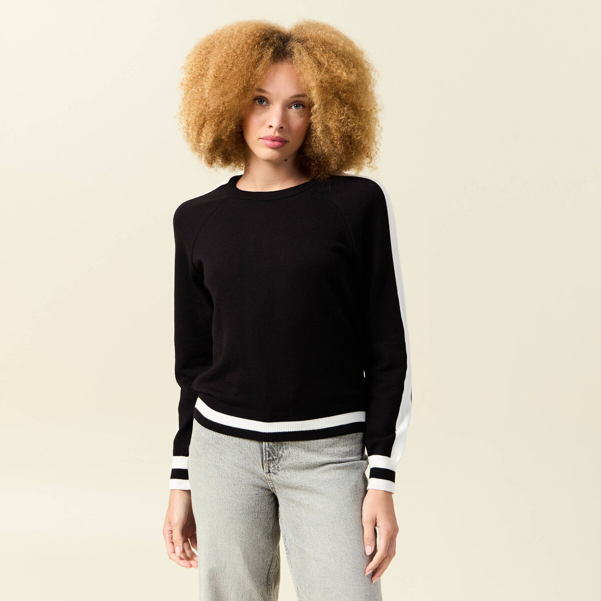 Pull col rond manches longues noir femme