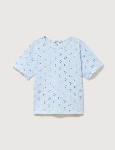 T-shirt droit col rond broderie coton bleu ciel femme