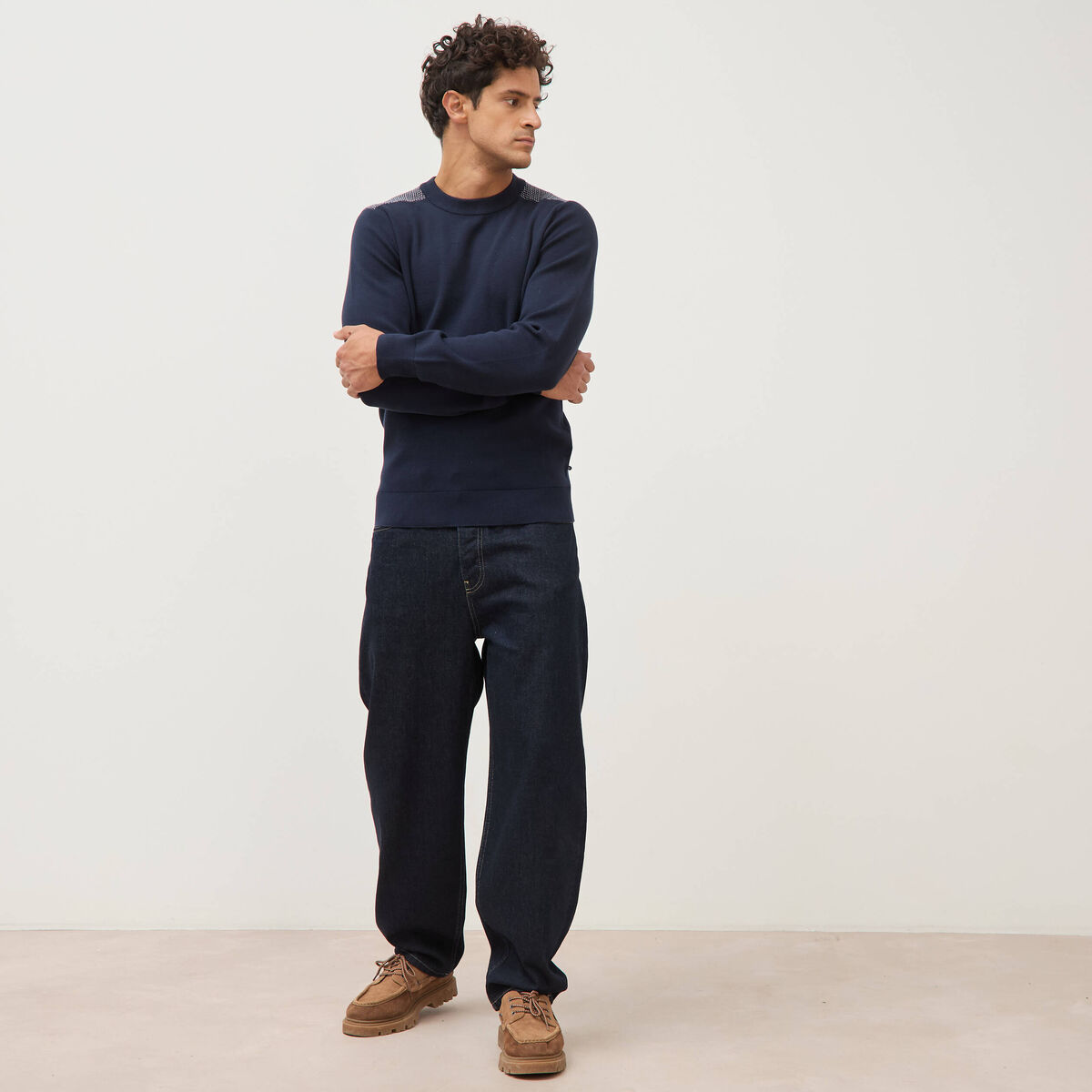Pull droit fin col rond manches longues bleu marine homme