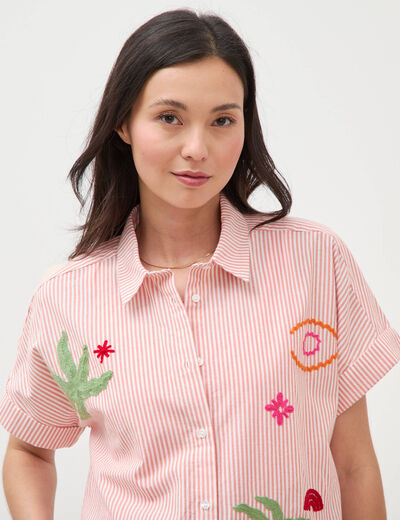 Chemise ample en coton &agrave; broderie orange abricot femme
