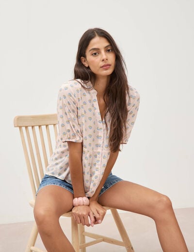 Chemise droite col v manches courtes rose femme