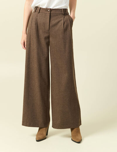 Pantalon large taille haute marron fonc&eacute; femme