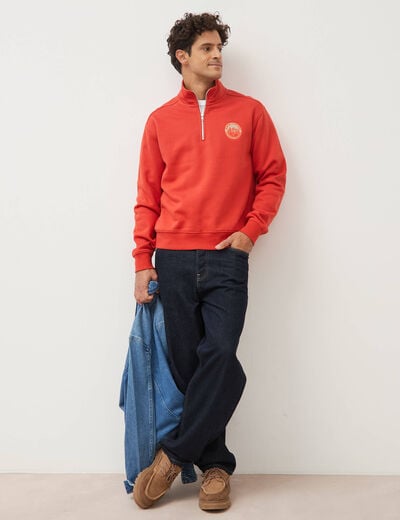 Sweat col camionneur manches longues orange fonc&eacute; homme